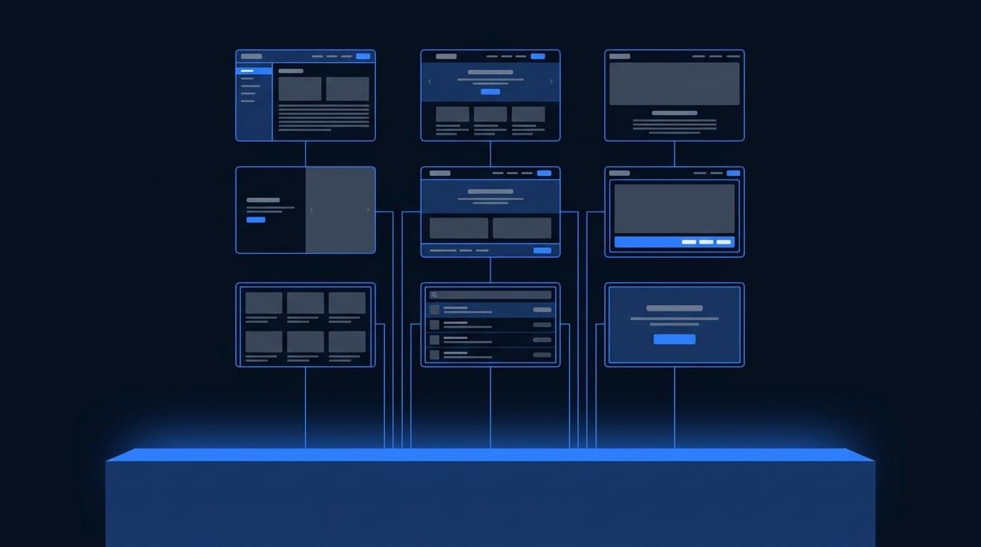 Nine different websites, each connected down into a single shared platform beneath them.