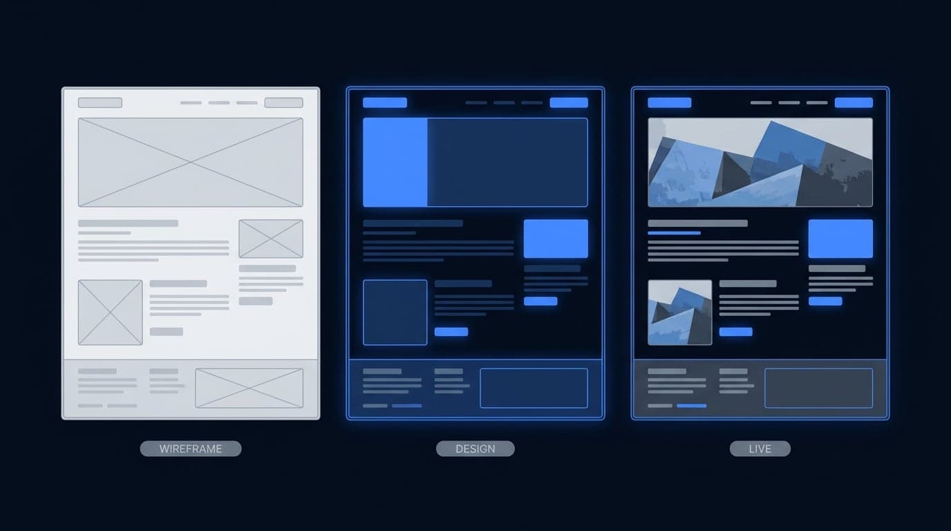 The same page shown three times: a grey wireframe, then a designed screen, then the finished live site.